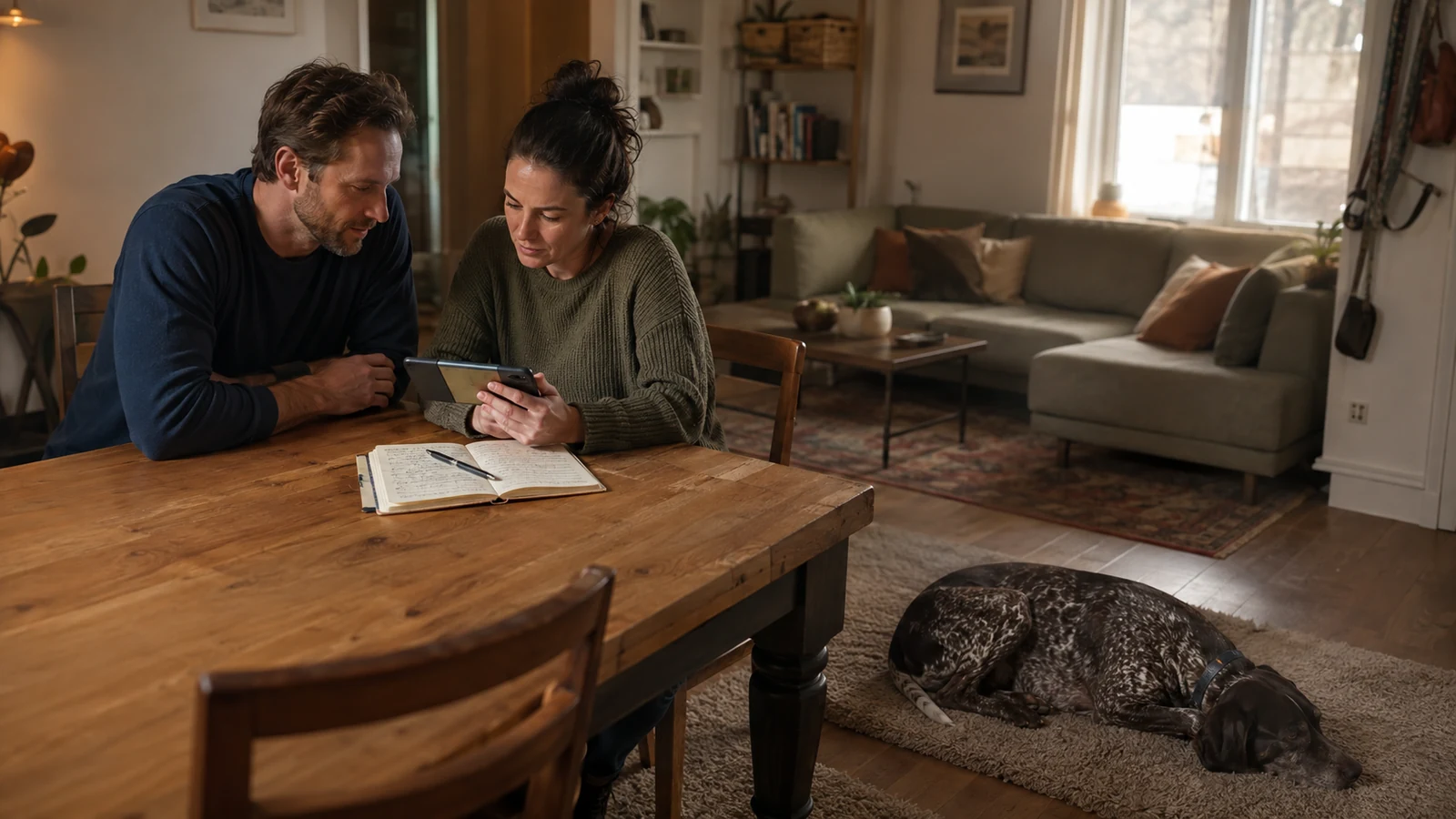 Familia revisando en una tableta información sobre el progreso de su perro mientras descansa en casa