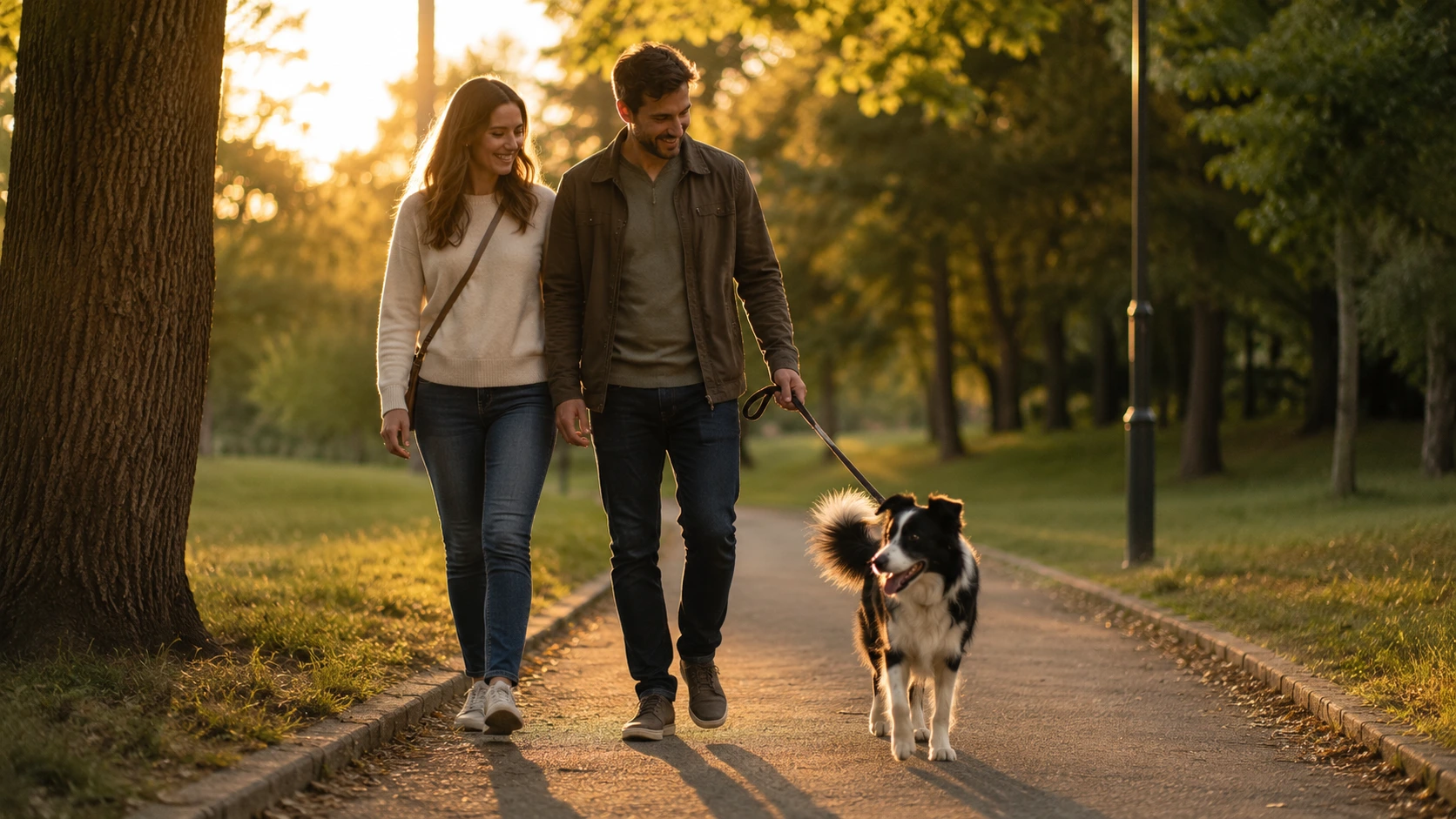 Familia paseando tranquilamente con su perro
