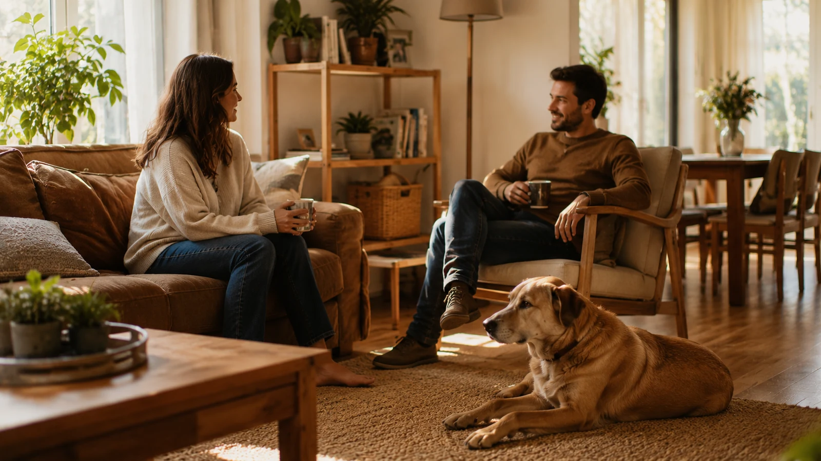 Familia conversando tranquilamente en casa mientras su perro descansa