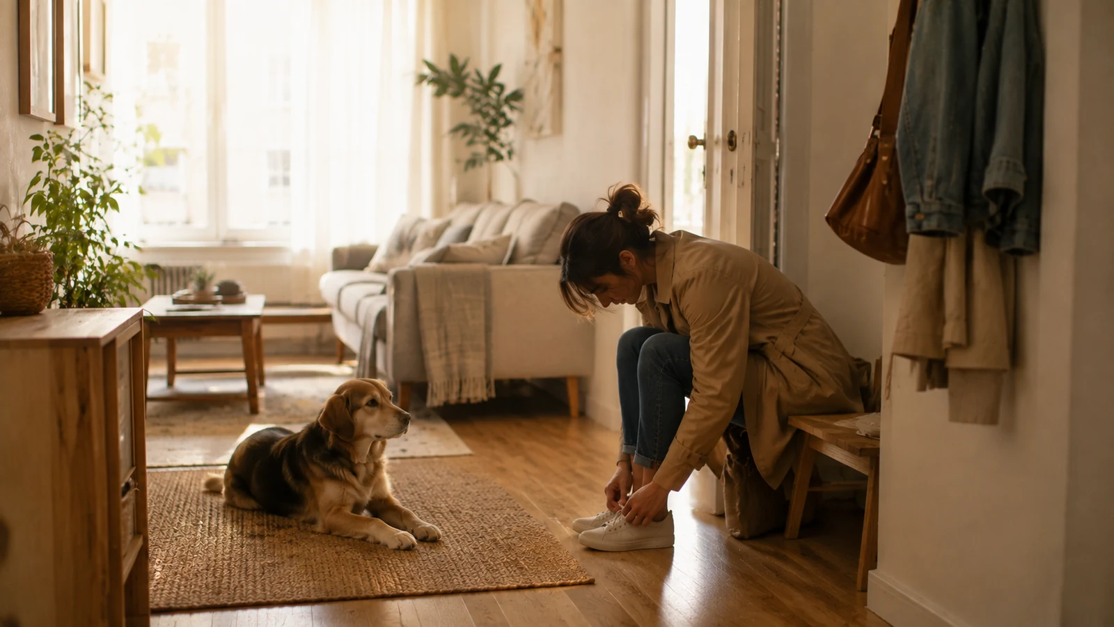 Perro esperando con calma mientras su tutora se prepara para salir de casa