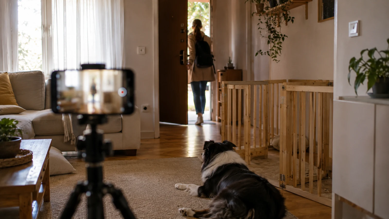 Perro observado mediante una cámara mientras su tutora sale de casa