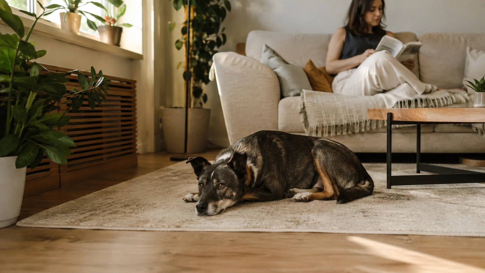 Perro descansando tranquilo en casa durante un proceso de aprendizaje