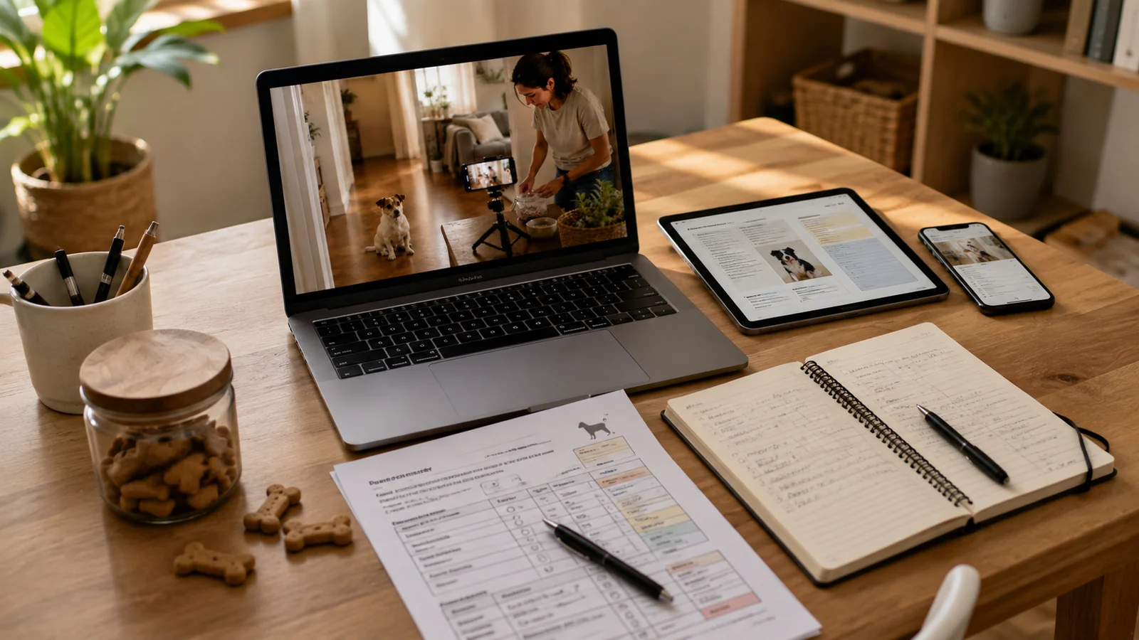 Portátil, tableta, móvil y fichas de seguimiento del programa DoggySchool