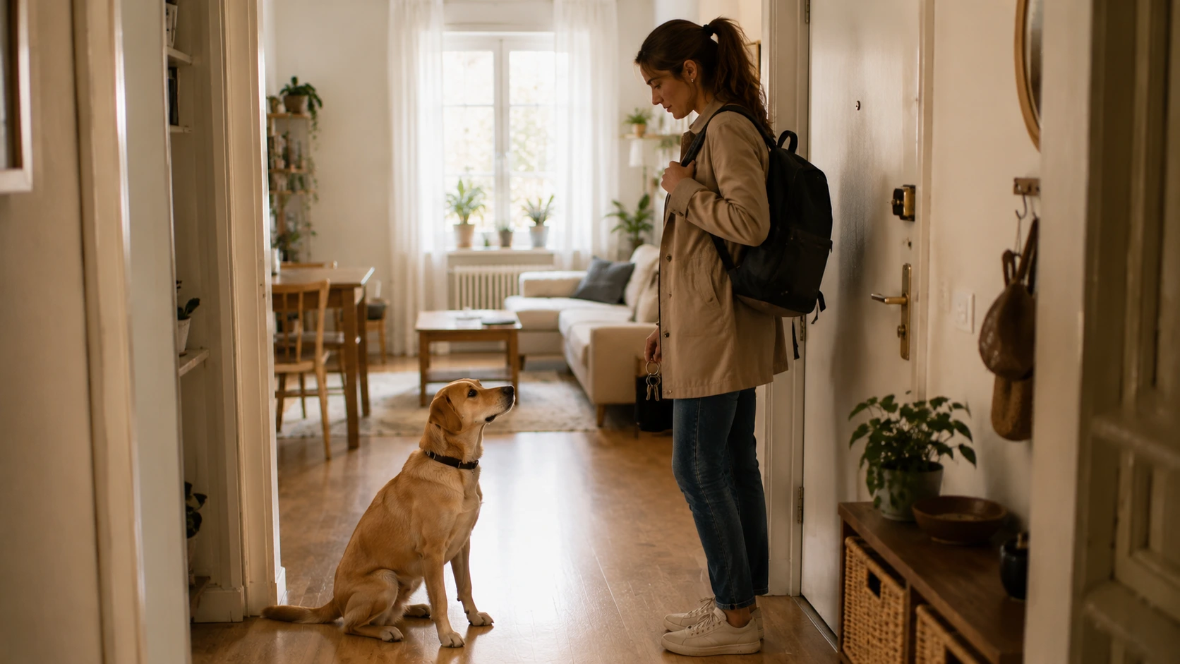 Tutora preparándose para salir mientras observa la respuesta de su perro